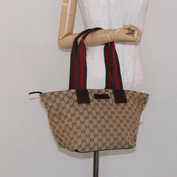 GUCCI GG Canvas Web Sherry Line Tote Bag Beige Red Green 131230 Auth ep10289 - Picture 1 of 16